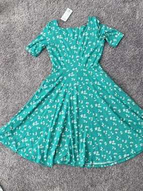 Lands' End Floral Fit & Flare Dress Square Neck Short Sleeve Tencel S